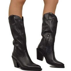Stivali Alti Texani in Pelle Total Black Gambale Morbido Tacco 8 cm