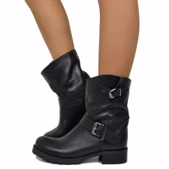 Stivali Anfibi Donna Biker Boots in Pelle Nera con Fibbia