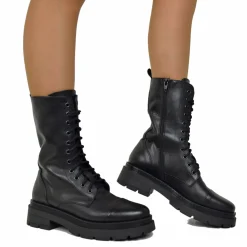 Stivali Anfibi Donna con Zip e Lacci Neri Made in Italy
