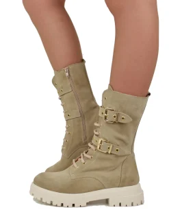Stivali Anfibi Stringati Primavera Scamosciati Fibbie Dorati Beige