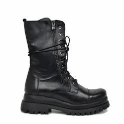 Stivali Anfibi Stringati Doppio Fondo Chunky Boots Vera Pelle Nera