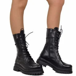 Stivali Anfibi Stringati Doppio Fondo Chunky Boots Vera Pelle Nera