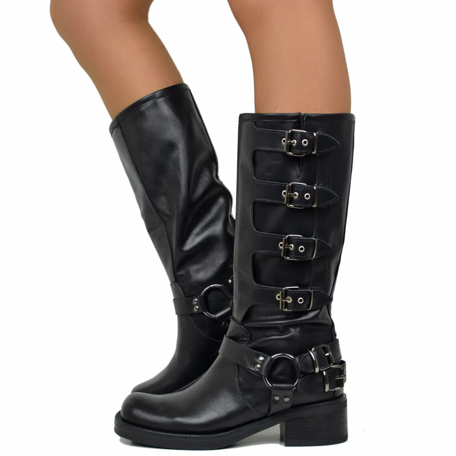 Stivali Biker 5 Fibbie Neri Punta Quadrata in Pelle Made in Italy