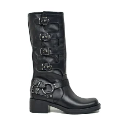 Stivali Biker 5 Fibbie Neri Punta Quadrata in Pelle Made in Italy
