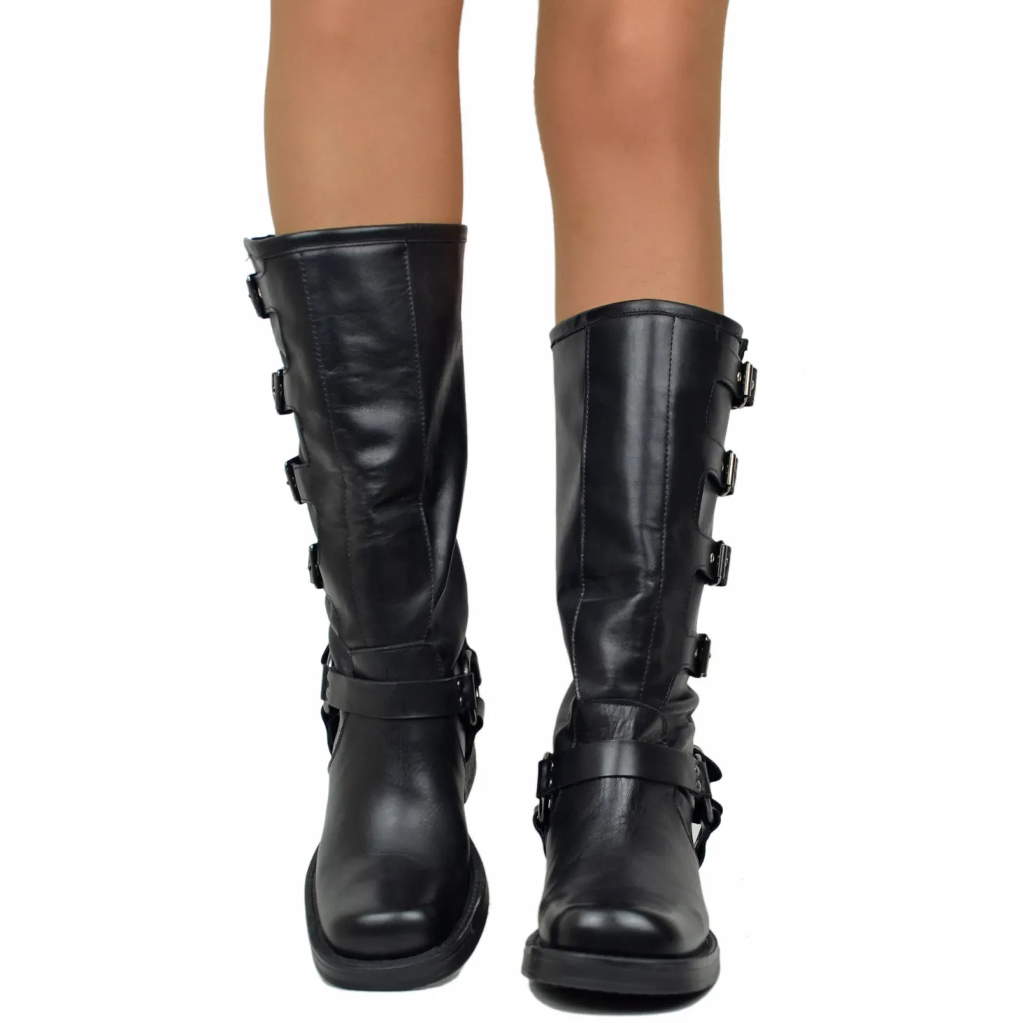 Stivali Biker 5 Fibbie Neri Punta Quadrata in Pelle Made in Italy