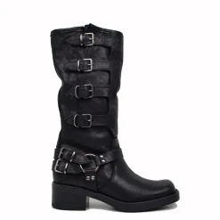 Stivali Biker 5 Fibbie Neri Punta Squadrata Made in Italy