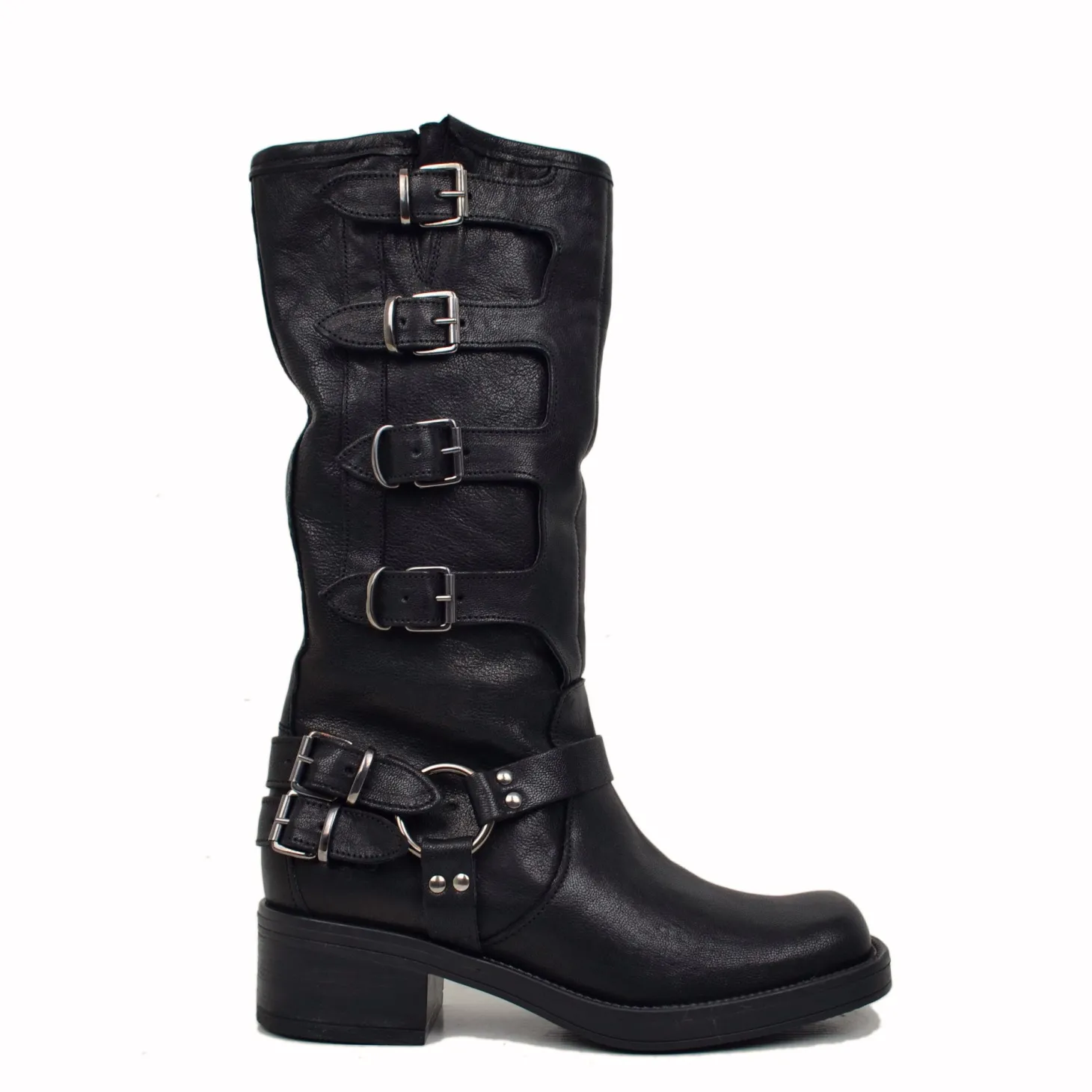 Stivali Biker 5 Fibbie Neri Punta Squadrata Made in Italy