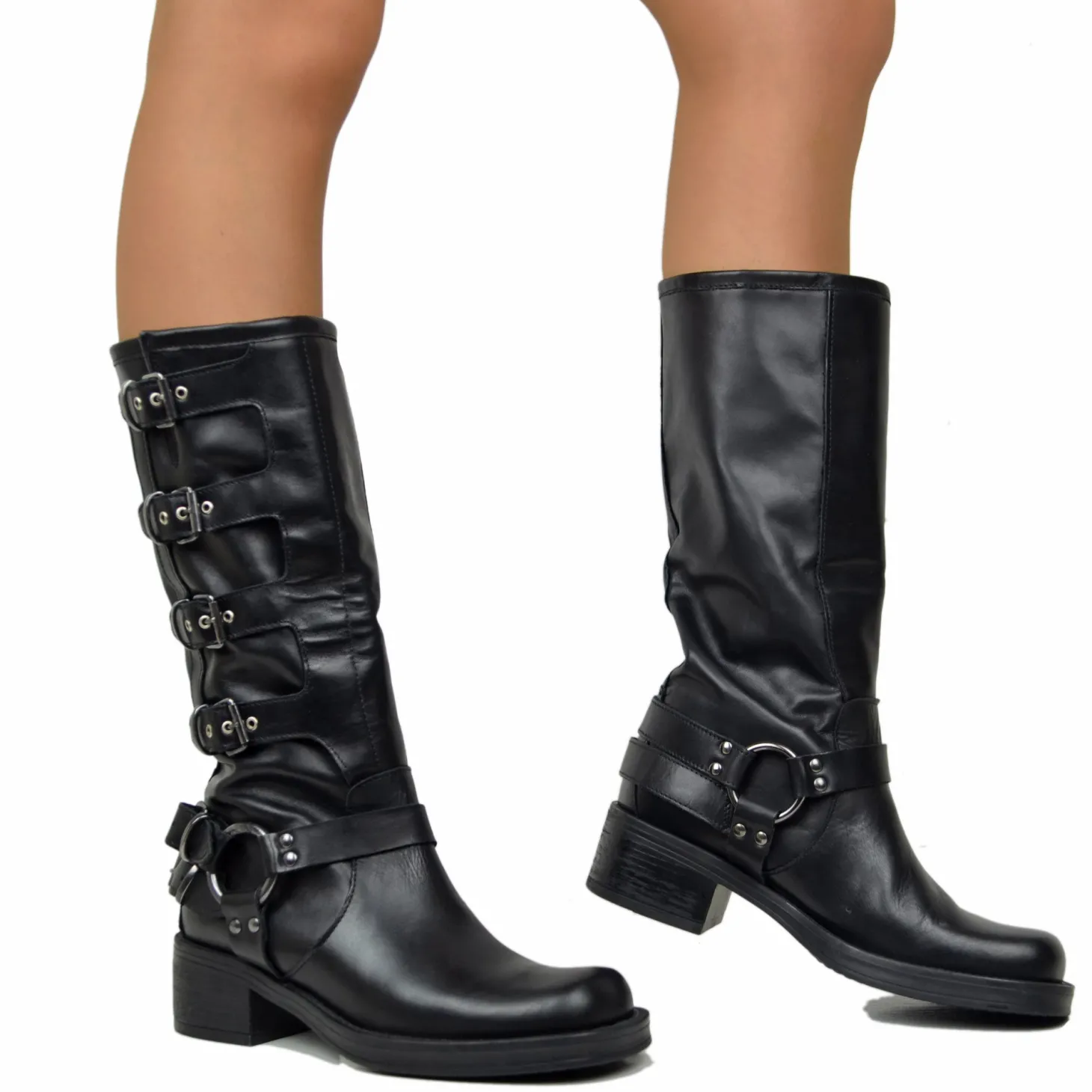 Stivali Biker 5 Fibbie Neri Punta Quadrata in Pelle Made in Italy