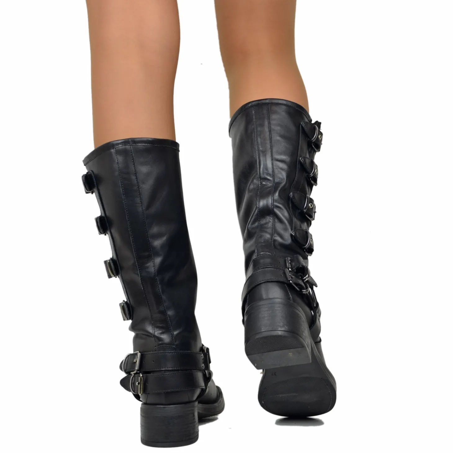 Stivali Biker 5 Fibbie Neri Punta Quadrata in Pelle Made in Italy