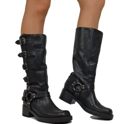 Stivali Biker 5 Fibbie Neri Punta Squadrata Made in Italy