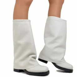 Stivali Biker Donna in Pelle Offwhite con Ghetta Punta Quadrata