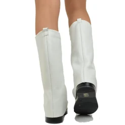 Stivali Biker Donna in Pelle Offwhite con Ghetta Punta Quadrata