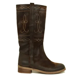 Stivali Camperos Donna Marroni in Pelle Scamosciata con Ricami