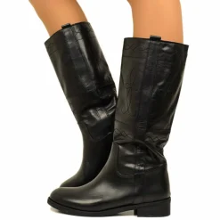 Stivali Camperos Donna Neri in Pelle con Ricami Made in Italy