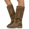 Stivali Camperos Donna Taupe in Pelle Scamosciata con Ricami