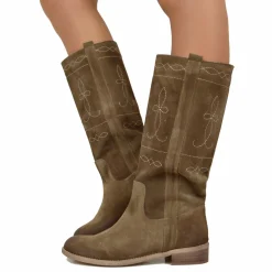 Stivali Camperos Donna Taupe in Pelle Scamosciata con Ricami