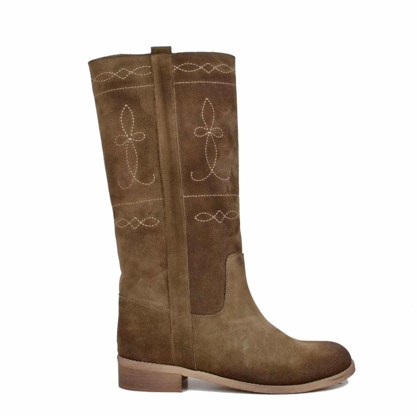 Stivali Camperos Donna Taupe in Pelle Scamosciata con Ricami