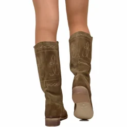 Stivali Camperos Donna Taupe in Pelle Scamosciata con Ricami