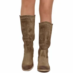 Stivali Camperos Donna Taupe in Pelle Scamosciata con Ricami