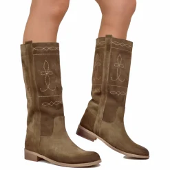 Stivali Camperos Donna Taupe in Pelle Scamosciata con Ricami
