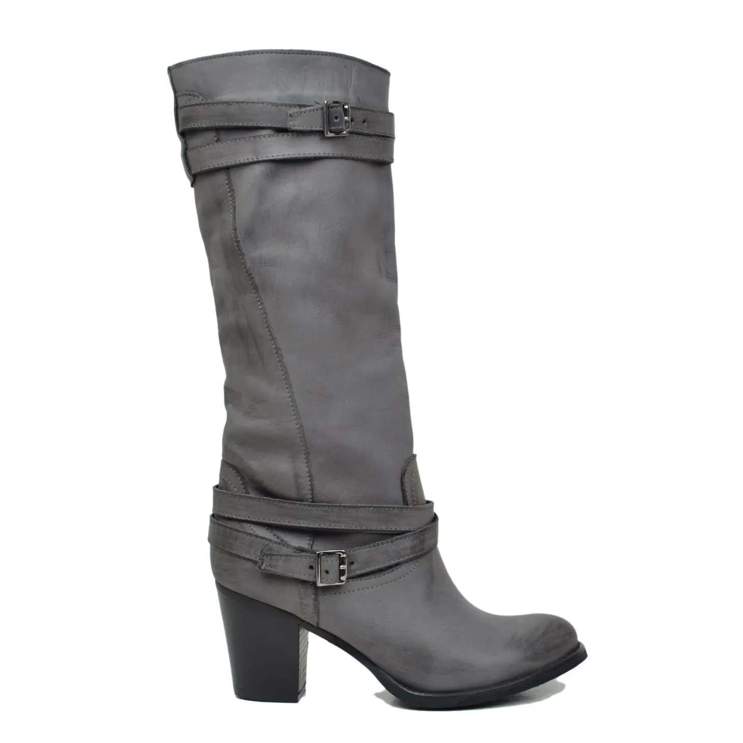 Stivali con Tacco Medio Gambale Pelle Nabuk Grigio