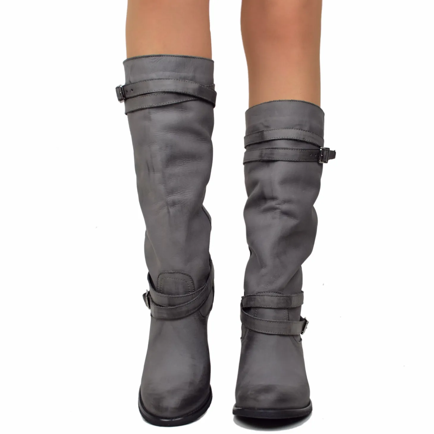 Stivali con Tacco Medio Gambale Pelle Nabuk Grigio