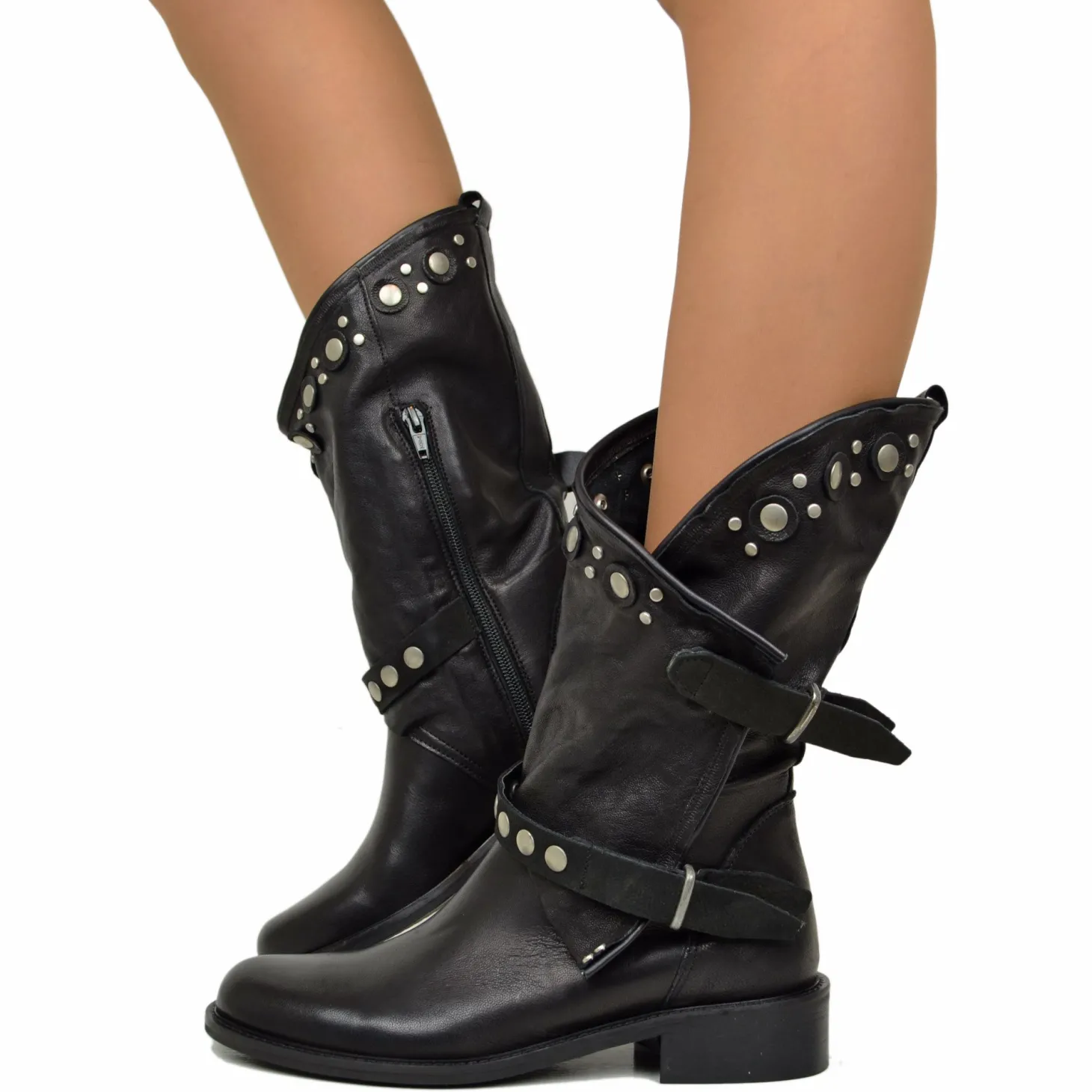 Stivali Donna Biker Estivi Neri in Pelle con Borchie e Zip