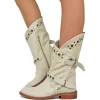 Stivali Donna Biker Estivi Beige in Pelle con Borchie e Zip