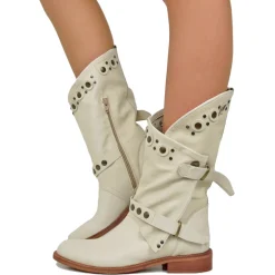 Stivali Donna Biker Estivi Beige in Pelle con Borchie e Zip