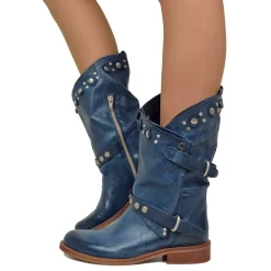 Stivali Donna Biker Estivi Jeans in Pelle con Borchie e Zip