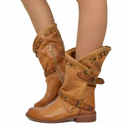 Stivali Donna Biker Estivi Cuoio in Pelle con Borchie e Zip