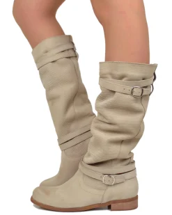 Stivali Donna Biker Estivi in Pelle Nabuk Zigrinati Taupe
