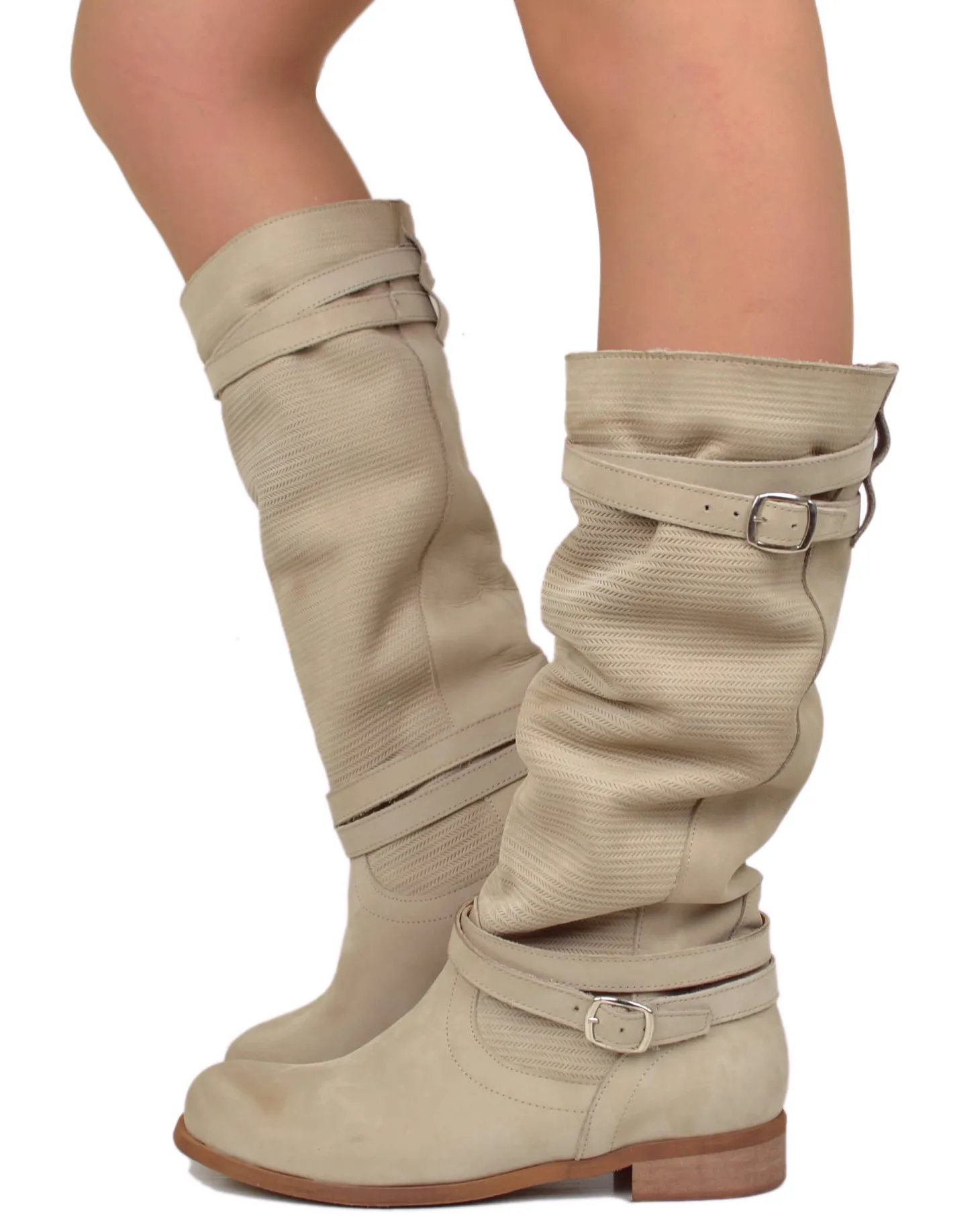 Stivali Donna Biker Estivi in Pelle Nabuk Zigrinati Taupe