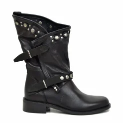 Stivali Donna Biker Estivi Neri in Pelle con Borchie e Zip