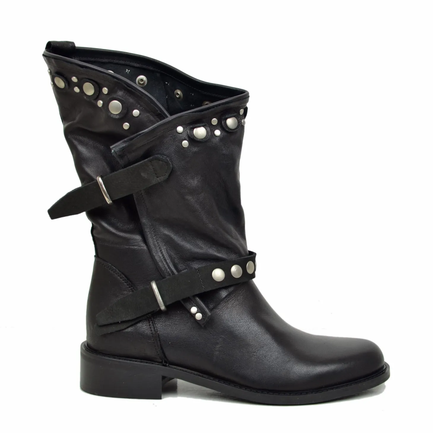 Stivali Donna Biker Estivi Neri in Pelle con Borchie e Zip