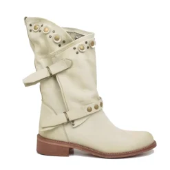 Stivali Donna Biker Estivi Beige in Pelle con Borchie e Zip