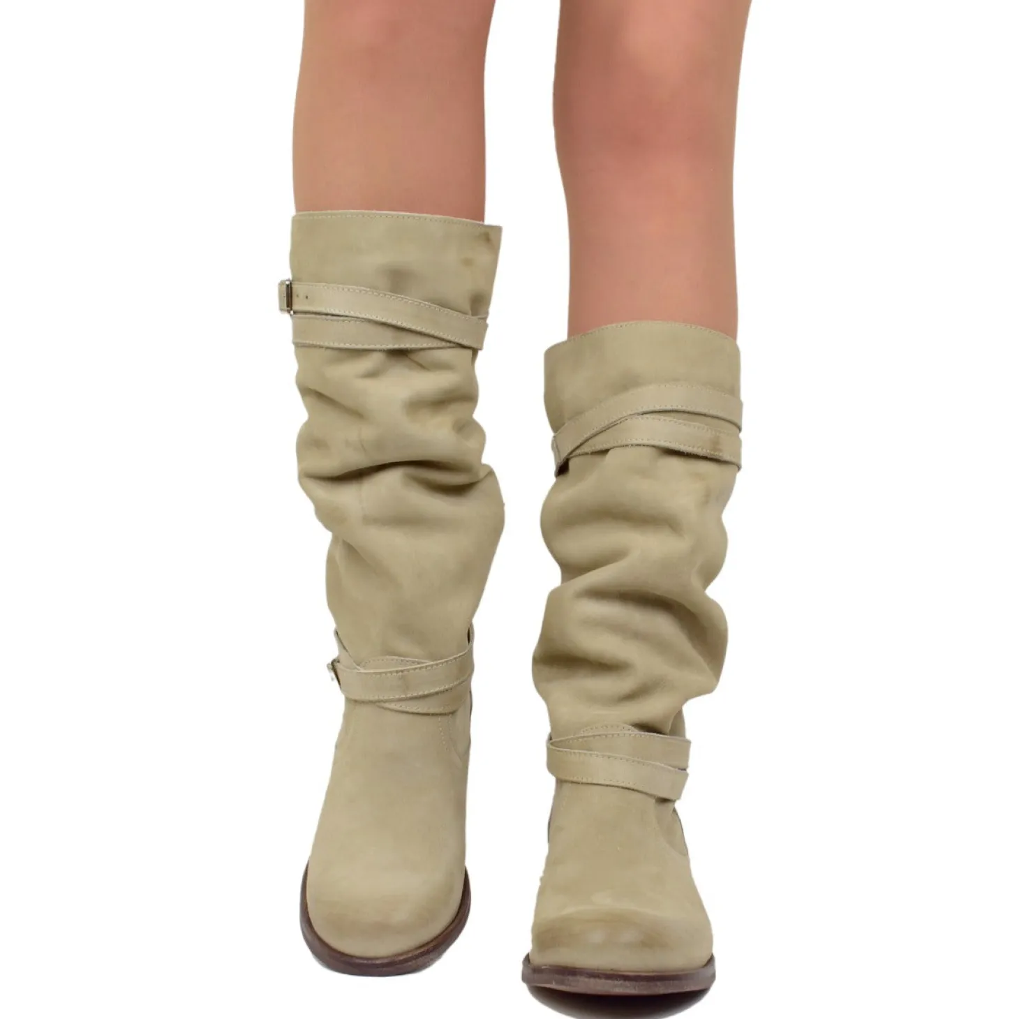 Stivali Donna Biker Estivi in Pelle Nabuk Taupe Made in Italy