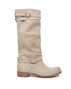 Stivali Donna Biker Estivi in Pelle Nabuk Zigrinati Taupe
