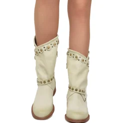 Stivali Donna Biker Estivi Beige in Pelle con Borchie e Zip