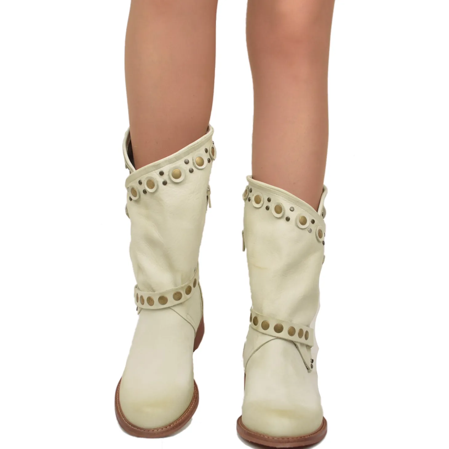 Stivali Donna Biker Estivi Beige in Pelle con Borchie e Zip