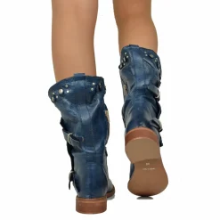 Stivali Donna Biker Estivi Jeans in Pelle con Borchie e Zip