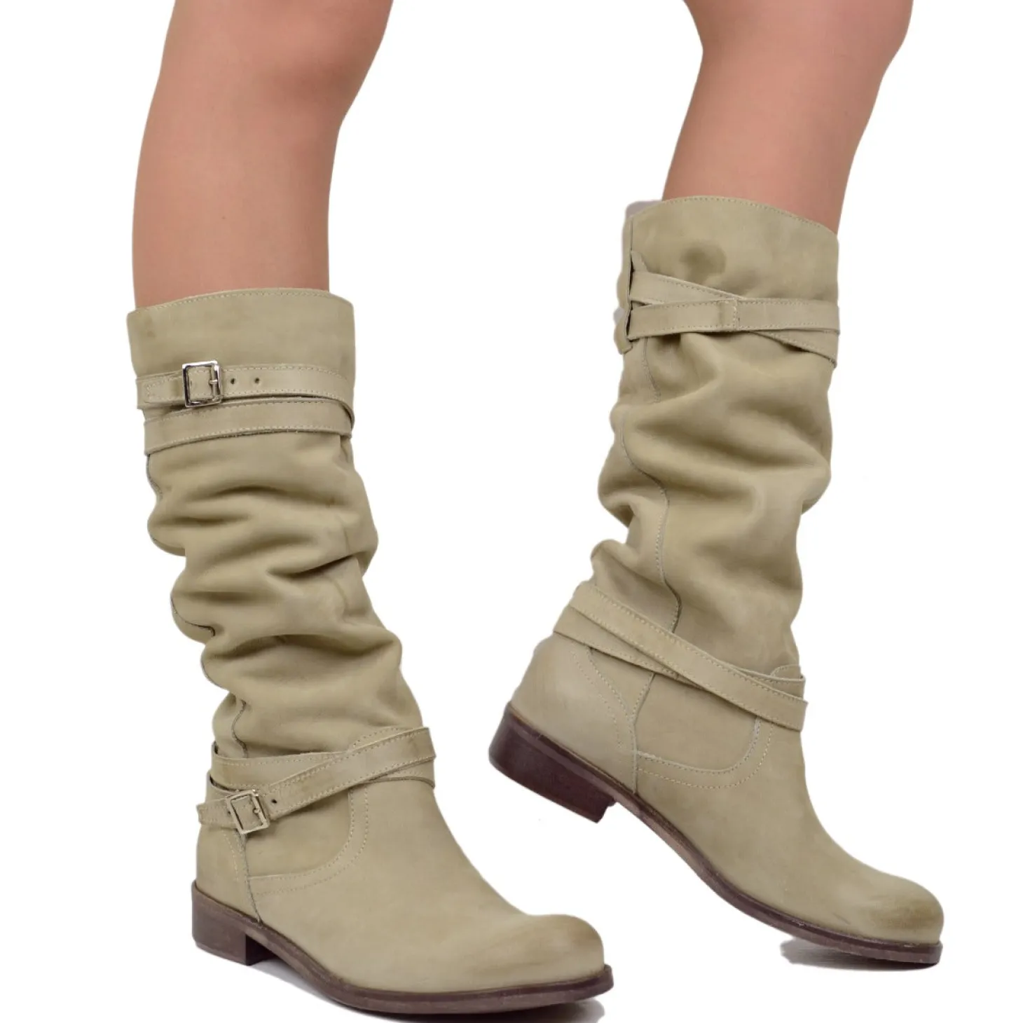 Stivali Donna Biker Estivi in Pelle Nabuk Taupe Made in Italy