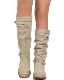 Stivali Donna Biker Estivi in Pelle Nabuk Zigrinati Taupe