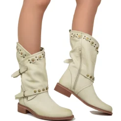 Stivali Donna Biker Estivi Beige in Pelle con Borchie e Zip