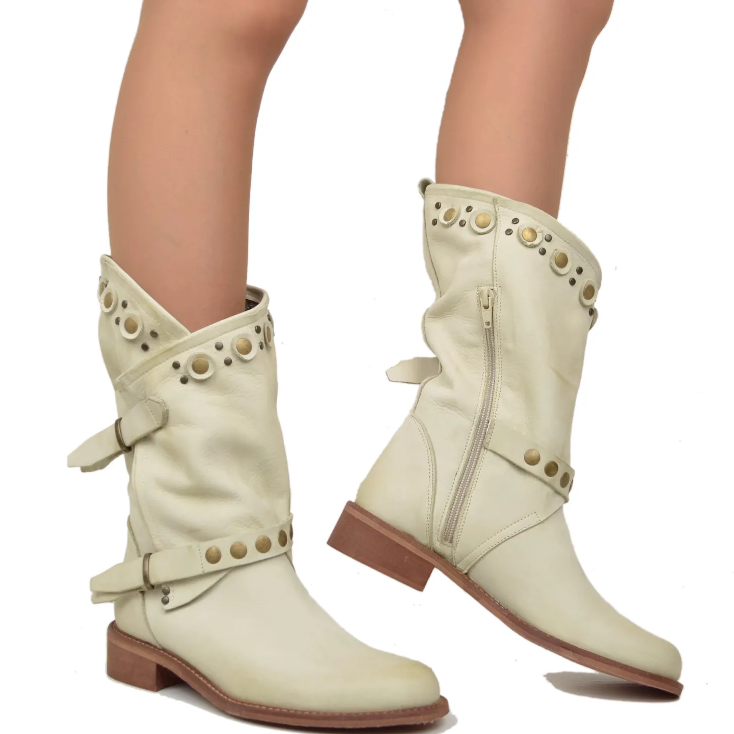 Stivali Donna Biker Estivi Beige in Pelle con Borchie e Zip