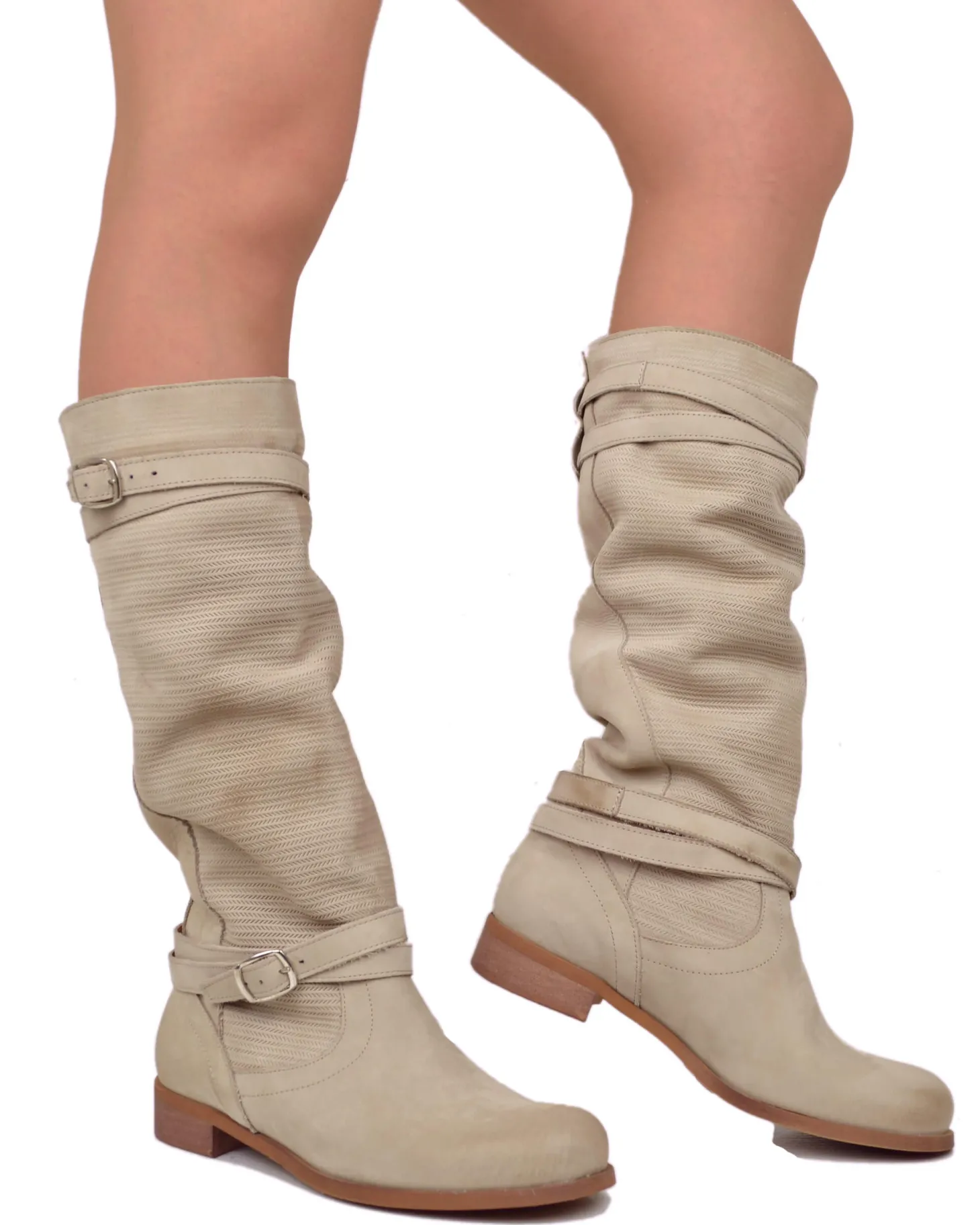 Stivali Donna Biker Estivi in Pelle Nabuk Zigrinati Taupe