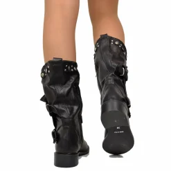 Stivali Donna Biker Estivi Neri in Pelle con Borchie e Zip