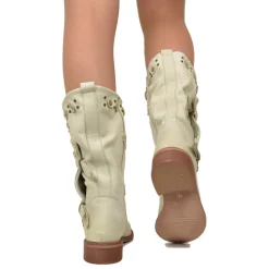 Stivali Donna Biker Estivi Beige in Pelle con Borchie e Zip