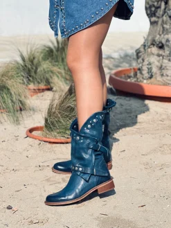 Stivali Donna Biker Estivi Jeans in Pelle con Borchie e Zip