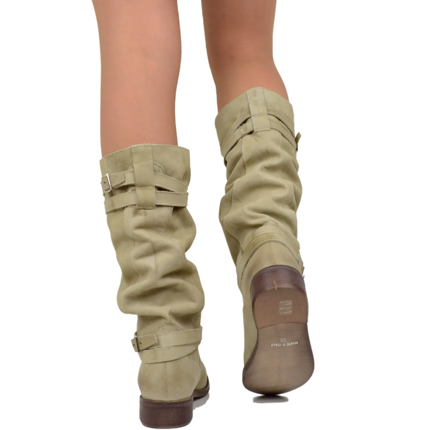 Stivali Donna Biker Estivi in Pelle Nabuk Taupe Made in Italy